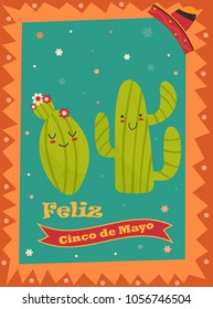 Cinco De Mayo poster template with bright mexican characters and symbols. Vector illustration