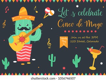 Cinco De Mayo poster template with bright cactus and symbols. Vector illustration