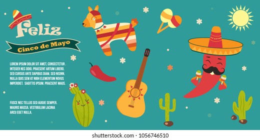 Cinco De Mayo poster template with bright mexican characters and symbols. Vector illustration
