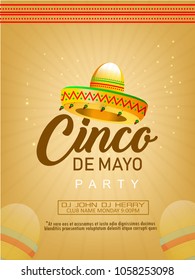 Cinco De Mayo poster template. Text customized for invitation for fiesta party. Ornate text and details. Mexican attributes at dark ornament for background. Vector illustration.