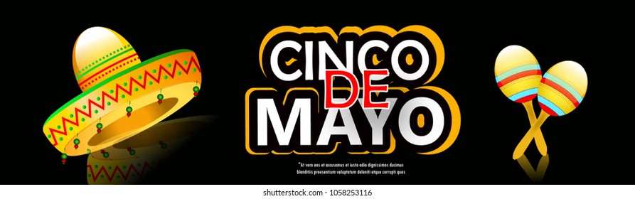 Cinco De Mayo poster template. Text customized for invitation for fiesta party. Ornate text and details. Mexican attributes at dark ornament for background. Vector illustration.
