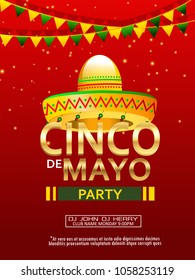 Cinco De Mayo poster template. Text customized for invitation for fiesta party. Ornate text and details. Mexican attributes at dark ornament for background. Vector illustration.
