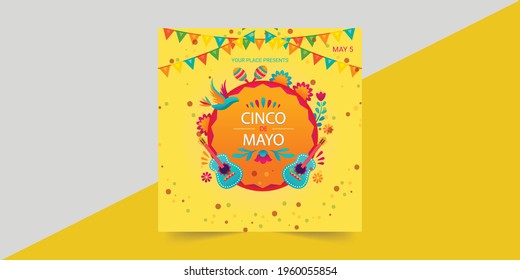 Cinco De Mayo poster template. Cinco de Mayo Festival greeting banner for Mexican holiday celebration design. Text customized for invitation for the fiesta party. Vector illustration.