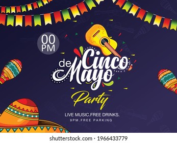 Cinco De Mayo poster template. Text customized for invitation for fiesta party. Ornate text and details. Mexican attributes at dark ornament for background. Vector illustration.