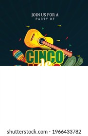 Cinco De Mayo poster template. Text customized for invitation for fiesta party. Ornate text and details. Mexican attributes at dark ornament for background. Vector illustration.