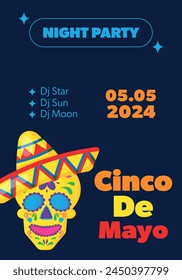 Cinco De Mayo poster template. Mexican attributes at dark ornament for background.