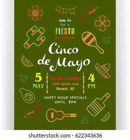 Cinco De Mayo poster template. Text customized for invitation for fiesta party. Many Mexican attributes. Colorful line icons for any colors of background. Vector illustration.