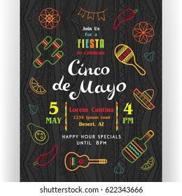 Cinco De Mayo poster template. Text customized for invitation for fiesta party. Many Mexican attributes, colorful line icons. With ethnic pattern ornate dark background. Vector illustration.