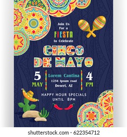 Cinco De Mayo poster template. Text customized for invitation for fiesta party. Ornate text and details. Mexican attributes at dark ornament for background. Vector illustration.