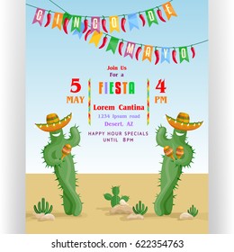 Cinco De Mayo poster template with smiling cacti in sombreros. Text customized for invitation for fiesta party. Colorful flags and desert mexican landscape. Flat style vector illustration.