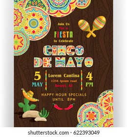 Cinco De Mayo poster template. Text customized for invitation for fiesta party. Ornate text and Mexican attributes. Colorful elements at dark ornament for background. Vector illustration.