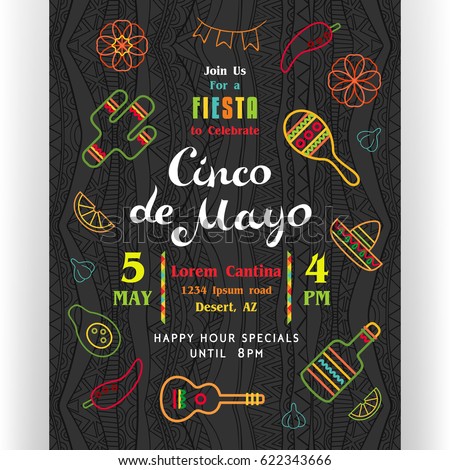 Cinco De Mayo poster template. Text customized for invitation for fiesta party. Many Mexican attributes, colorful line icons. With ethnic pattern ornate dark background. Vector illustration.