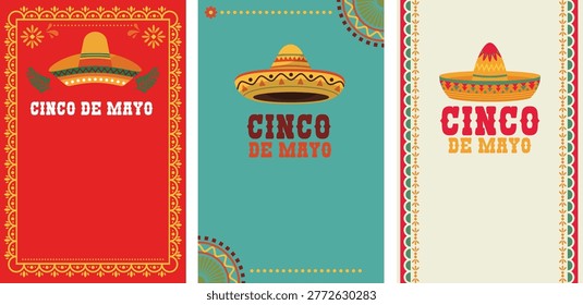 Cinco de Mayo Poster Templates Vector, Sombrero Illustration, Mexican Fiesta Background Set