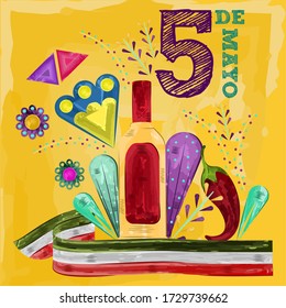 Cinco de mayo poster. Tequila-Flasche, rote Paprika und Nummer fünf - Vector