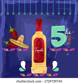 Cinco de mayo poster. Tequila bottle, red chili peppers and traditional mexican hat - Vector