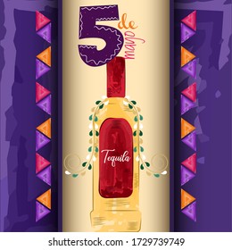 Cinco de mayo poster. Tequila bottle. Mexican liquor - Vector