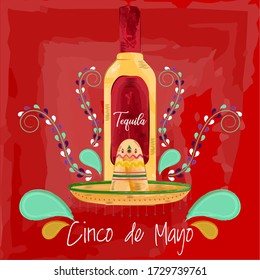 Cinco de mayo poster. Tequila bottle and traditional mexican hat - Vector