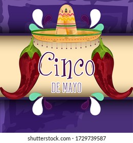 Cinco de mayo poster. Traditional mexican hat and red chili peppers - Vector