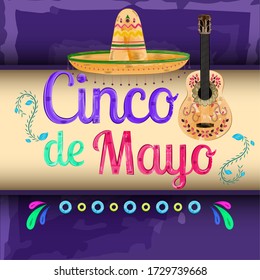 Cinco de mayo poster. Traditional mexican hat and guitar - Vector