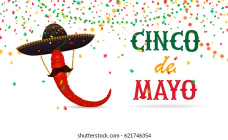 Cinco De Mayo poster: traditional mexican colors, sombrero, chile, greetings background for celebration. Hand drawn elements, vector illustration.
