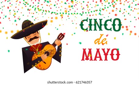 Cinco De Mayo poster: traditional costume, mexican colors, sombrero, greetings background for celebration. Hand drawn elements, vector illustration.
