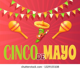 Cinco de mayo poster vector, Mexican holiday celebration, cucumber character with moustache. Maracas and acoustic guitar performance of vegetable flat style