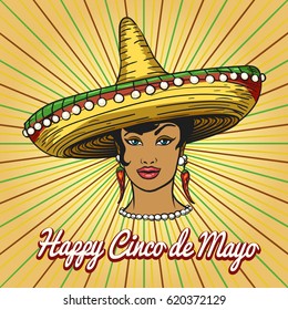 Cinco De Mayo poster with woman in Sombrero. Mexican holiday on the fifth of May design template. Vector illustration.