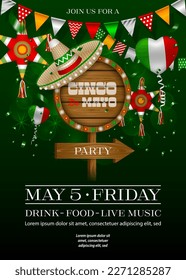 cinco de mayo poster with wooden signboard and sombrero. mexican party flyer with balloons, pennants and star pinata