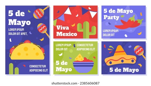 Cinco de mayo posters set. International holiday and festival. Maracasses and cactus with taco. Ethnicity and culture of Mexico. Cartoon flat vector collection isolated on white background