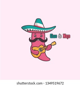 Cinco de Mayo Red Chili Cute Playing Guitar Vector Image