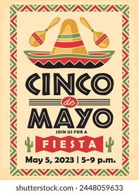 Cinco de Mayo retro poster design for street fiesta. Mexican holiday flyer template. Vector image.