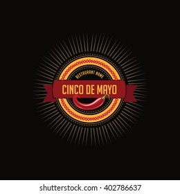 Cinco De Mayo round badge. Burst icon circular design for Cinco de Mayo with jalapeno pepper. Copy space in festive Cinco de Mayo design. EPS 10 vector royalty free stock illustration