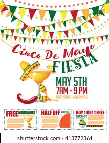 Cinco de Mayo sale bunting and coupon marketing template. EPS 10 vector.