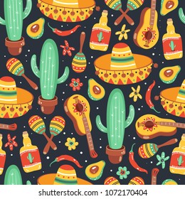 Cinco De Mayo seamless pattern. Mexican culture symbols. Guitar, sombrero, maracas, cactus, jalapeno and tequila.