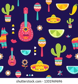 Cinco de Mayo Seamless Pattern for festival in Mexico, flat style. T-shirt print of traditional Mexican ethnic symbols with maracas, pinata, fruits, sombrero, cactus, guitar. Vector illustration