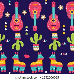 Cinco de Mayo Seamless Pattern for festival in Mexico, flat style. T-shirt print of traditional Mexican ethnic symbols with pinata, cactus plants and guitar isolated on violet. Vector illustration