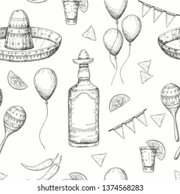 Cinco de Mayo seamless pattern with doodle Hand drawn Mexican symbols- chili pepper, maracas, sombrero, nachos, tequila, balloons, flag garland. Sketch. For wallpaper, web page background