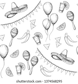 Cinco de Mayo seamless pattern with doodle Hand drawn Mexican symbols- chili pepper, maracas, sombrero, nachos, tequila, balloons, flag garland. Sketch. For wallpaper, web page background