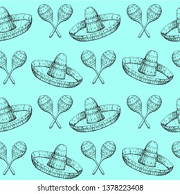 Cinco de Mayo seamless pattern with doodle Hand drawn Mexican symbols- maracas and sombrero on blue. Sketch. For wallpaper, web page background