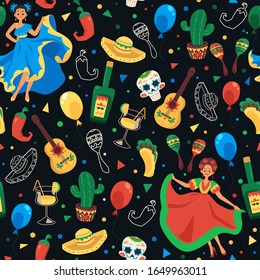 Cinco de mayo nahtloses Muster - mexikanisches Feiertagssymbol auf buntem, schwarzem Hintergrund mit ethnischer Tänzerin, Sombrero, Tequila, Maracas - Vektorillustration mit Flachkartoon