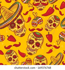 Cinco de Mayo Seamless Pattern  Skull and sombrero Day of The Dead