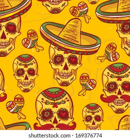 Cinco de Mayo Seamless Pattern  Skull and sombrero Day of The Dead