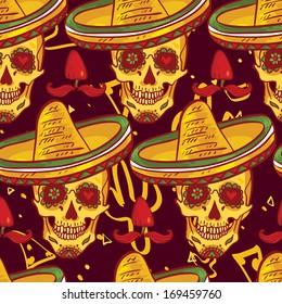 Cinco de Mayo Seamless Pattern  Skull in sombrero Day of The Dead 