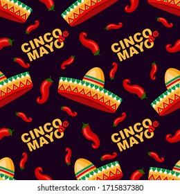 Cinco de Mayo seamless pattern. Background with sambrero, chili pepper, text. Vector illustration.