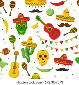 Patrón Cinco de Mayo sin fisuras, celebración en México. Guitarra, martini, maraca, pimientos, bigote, calaveras, cítricos, sombrero, tequila, cactus y decoración. Ilustración del vector