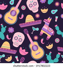 Cinco de Mayo seamless pattern with traditional Mexican symbols skull, cactus, sombrero, guitar, pinata and chili. Trendy modern hand drawn colourful elements in flat cartoon style on blue background