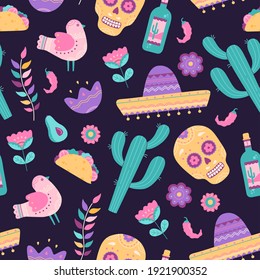 Cinco de Mayo seamless pattern with traditional Mexican symbols skull, cactus, sombrero, tequila and burrito. Hand drawn elements collection in flat cartoon style, isolated on blue, purple background
