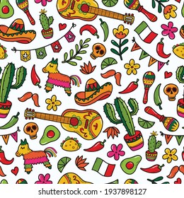 Cinco de Mayo seamless pattern with Mexican hand drawn doodles for wrapping paper, prints, cards, backgrounds, scrapbooking, stationary, wallpaper, etc. EPS 10