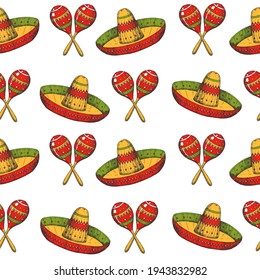 Cinco de Mayo seamless pattern with colored Hand drawn Mexican symbols- maracas and sombrero on white. Sketch. For wallpaper, web page background