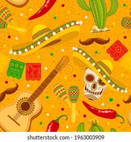 Cinco De Mayo Seamless Pattern With Traditional Mexican Sombrero, Perforated Paper Flags, Maracas And Other. Hand Drawn Festive Pattern On Yellow Background. Vector Illustration. 